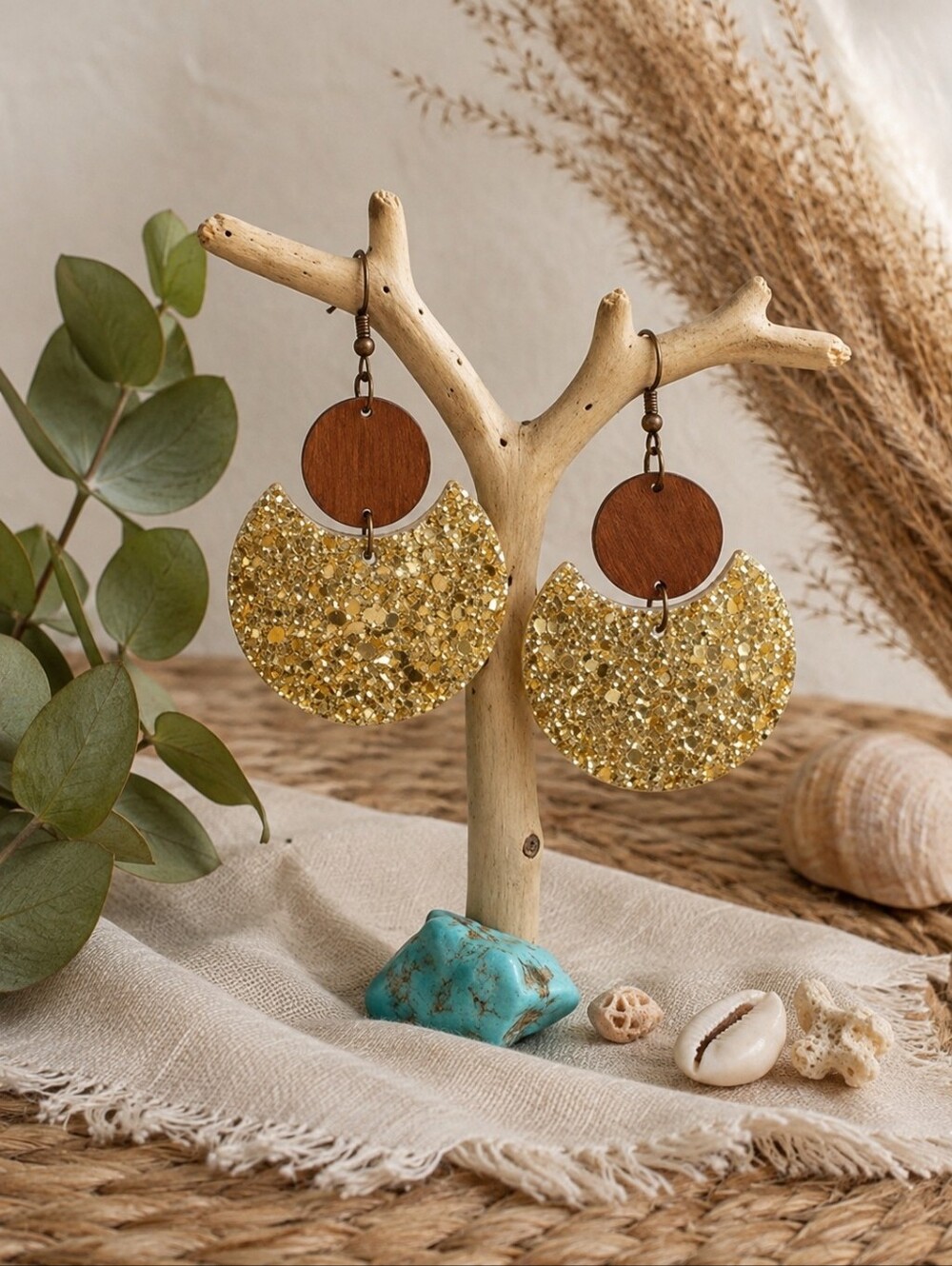 Gold Glitter Wood Crescent Dangle Earrings Boho Coastal Statement 2.8"